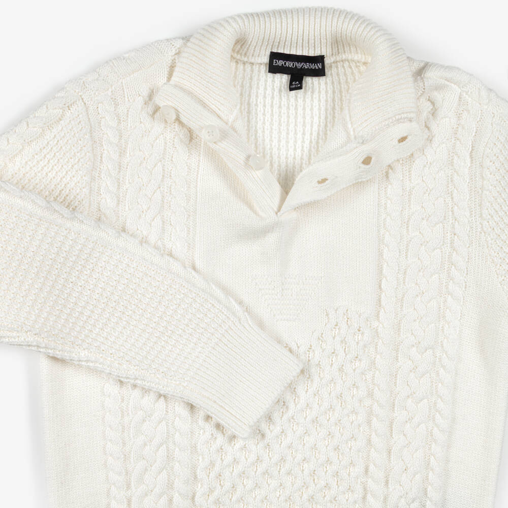 Emporio Armani-Boys Ivory Cable Knit High Neck Sweater | Childrensalon