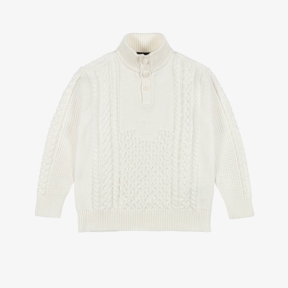 Emporio Armani-Boys Ivory Cable Knit High Neck Sweater | Childrensalon
