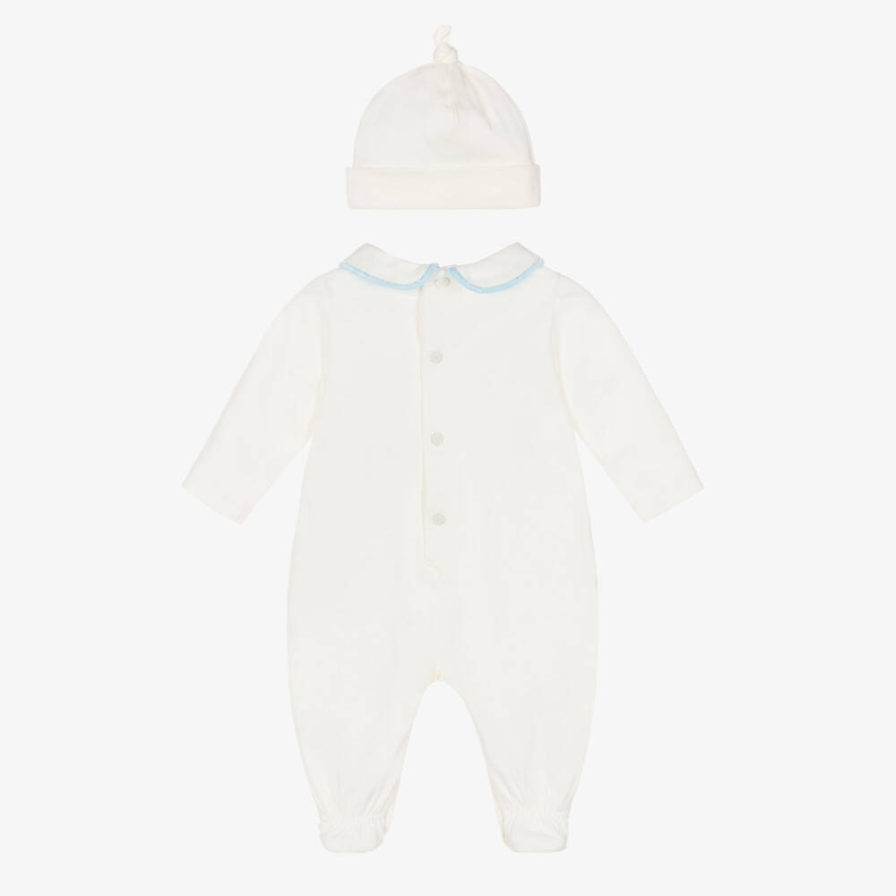 Emporio Armani-Boys Ivory Cotton Babygrow Set with Velvet Trim Collar | Childrensalon