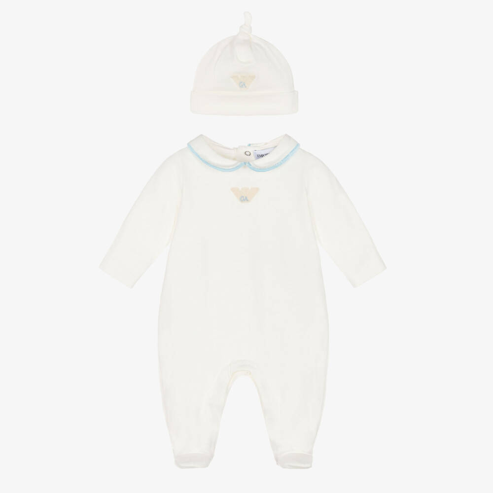 Emporio Armani-Boys Ivory Cotton Babygrow Set with Velvet Trim Collar | Childrensalon