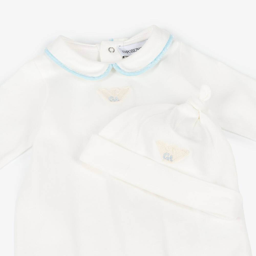 Emporio Armani-Boys Ivory Cotton Babygrow Set with Velvet Trim Collar | Childrensalon