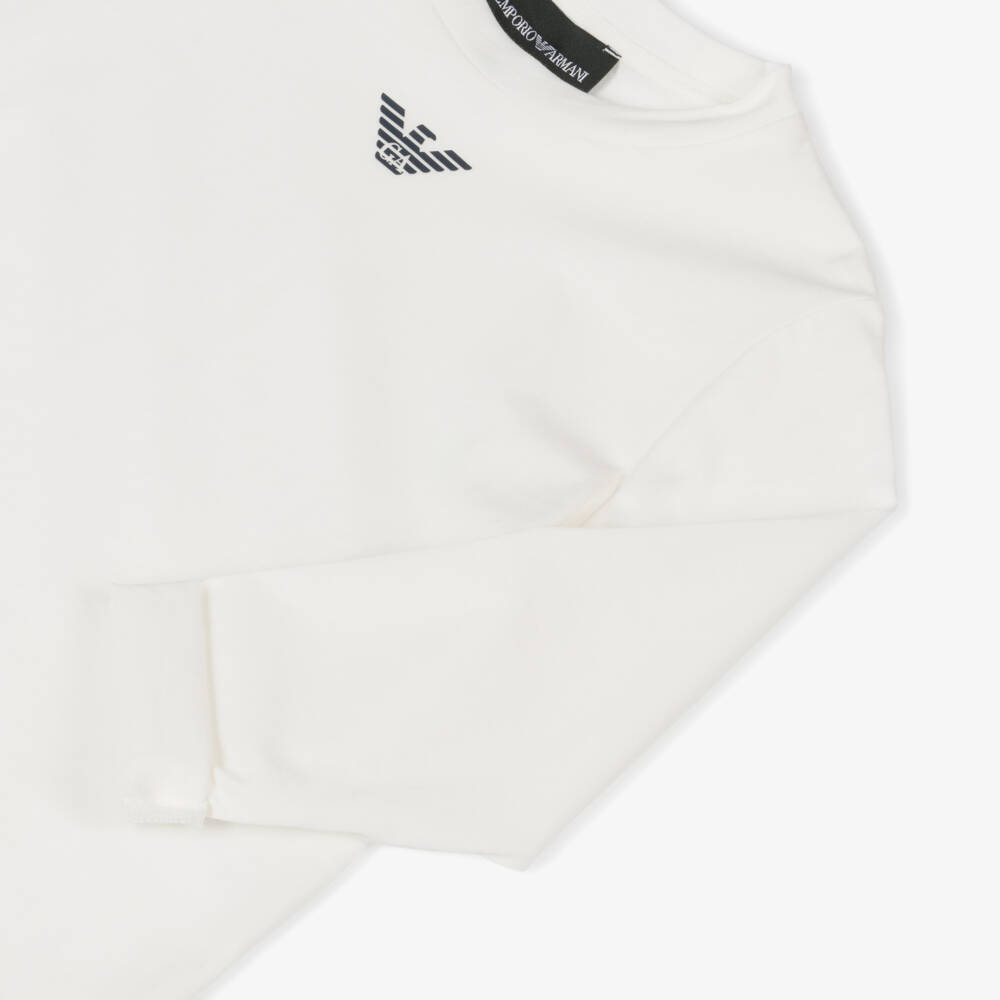 Emporio Armani-Boys Ivory Cotton Crew Neck Eagle Logo Top | Childrensalon