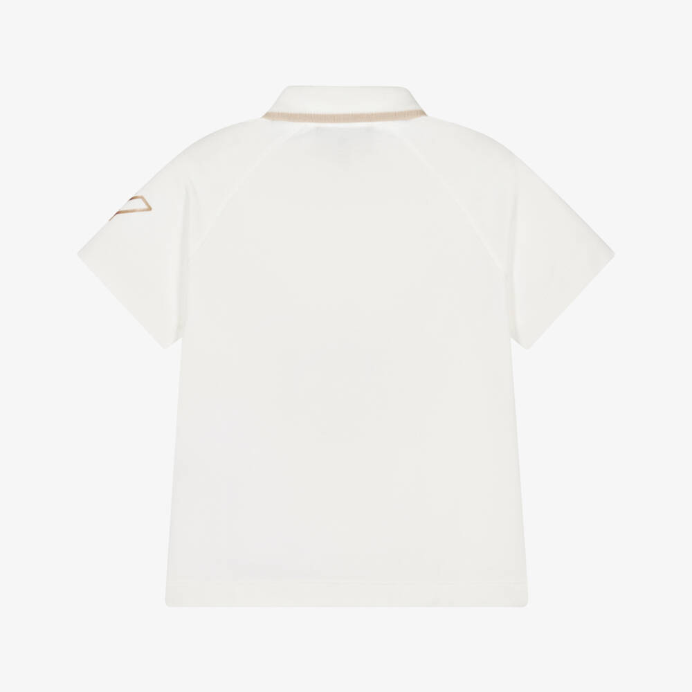 Emporio Armani-Boys Ivory Cotton Piqué Polo Shirt with Gold Eagel Logo | Childrensalon