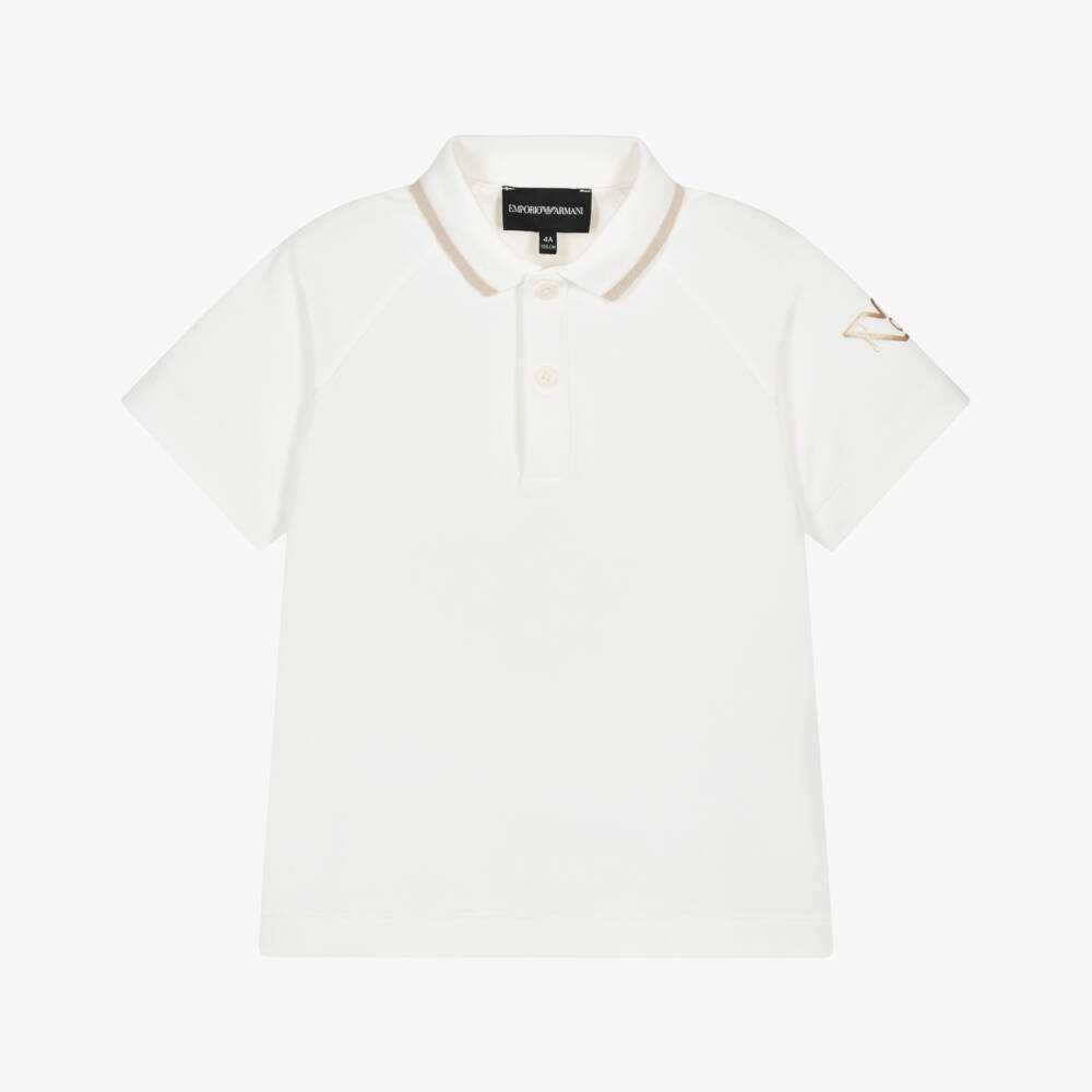 Emporio Armani-Boys Ivory Cotton Piqué Polo Shirt with Gold Eagel Logo | Childrensalon