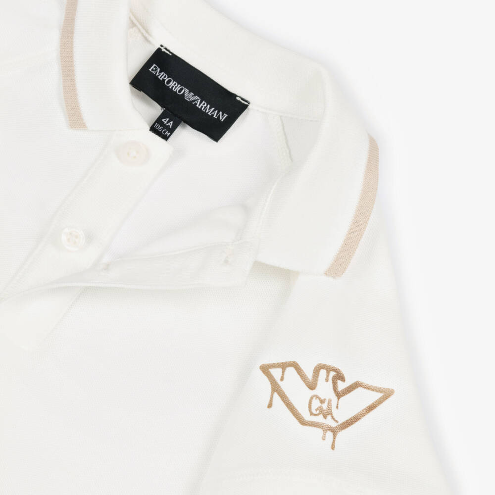Emporio Armani-Boys Ivory Cotton Piqué Polo Shirt with Gold Eagel Logo | Childrensalon