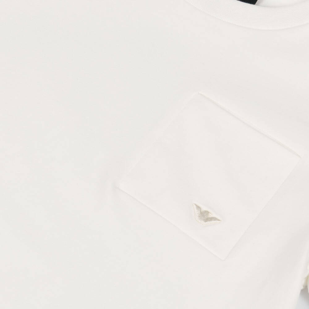 Emporio Armani-Футболка кремовая из хлопка с карманом и вышитым логотипом Eagle для мальчиков | Childrensalon