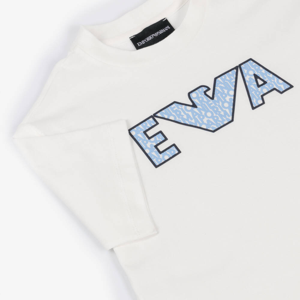 Emporio Armani-Футболка кремовая из хлопка с черно-голубым логотипом для мальчиков | Childrensalon