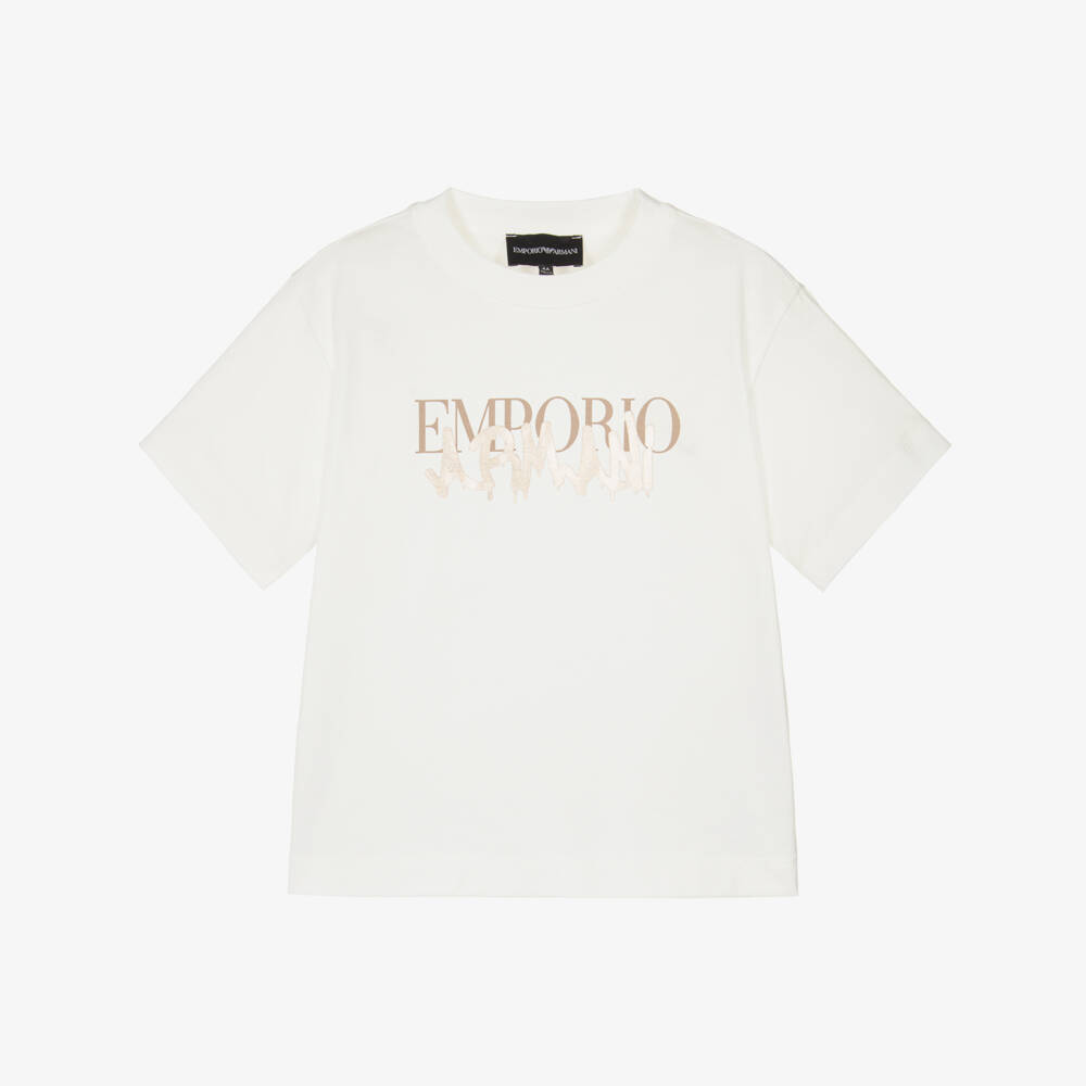 Emporio Armani-Boys Ivory Cotton T-Shirt with Gold Spray Paint Logo | Childrensalon