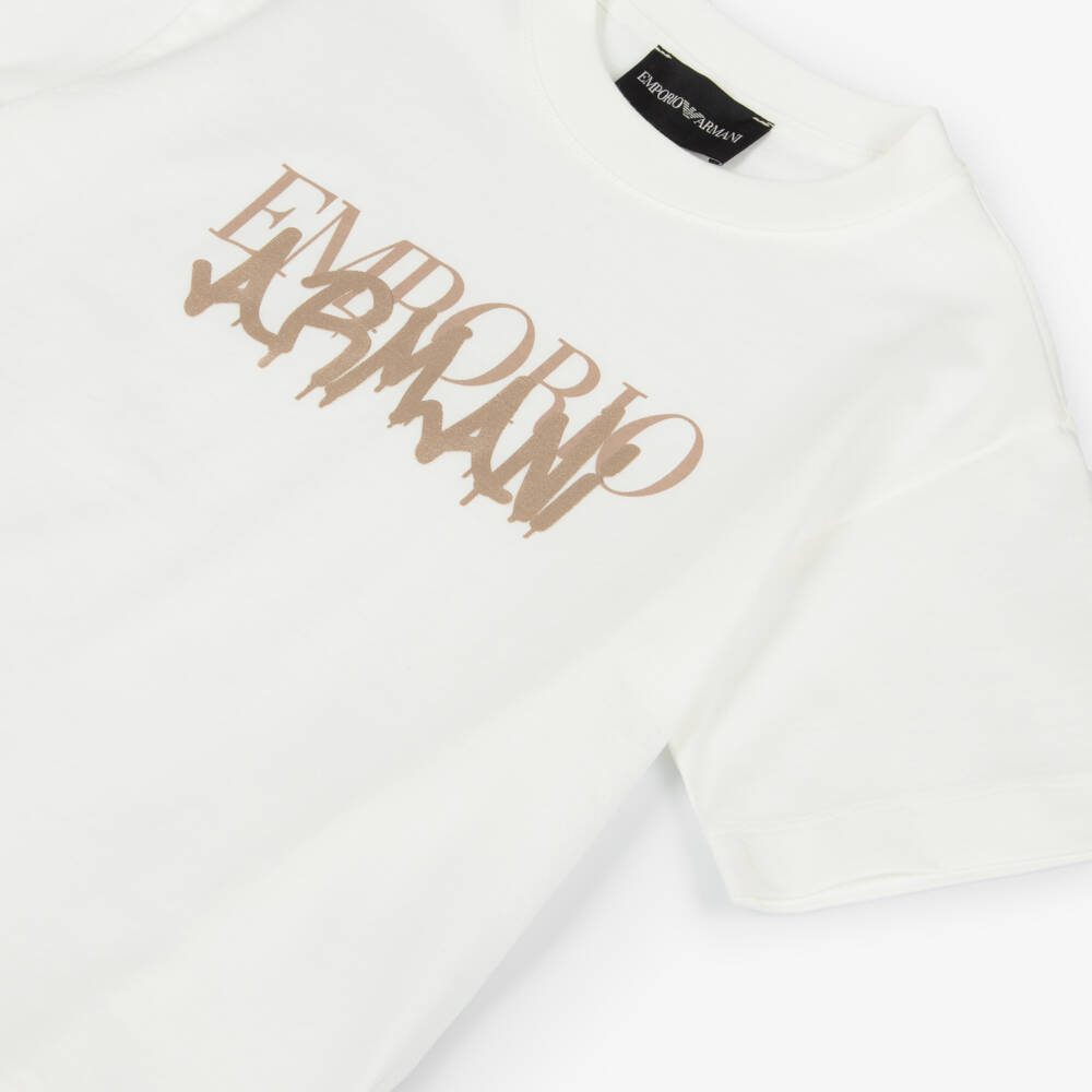 Emporio Armani-Boys Ivory Cotton T-Shirt with Gold Spray Paint Logo | Childrensalon