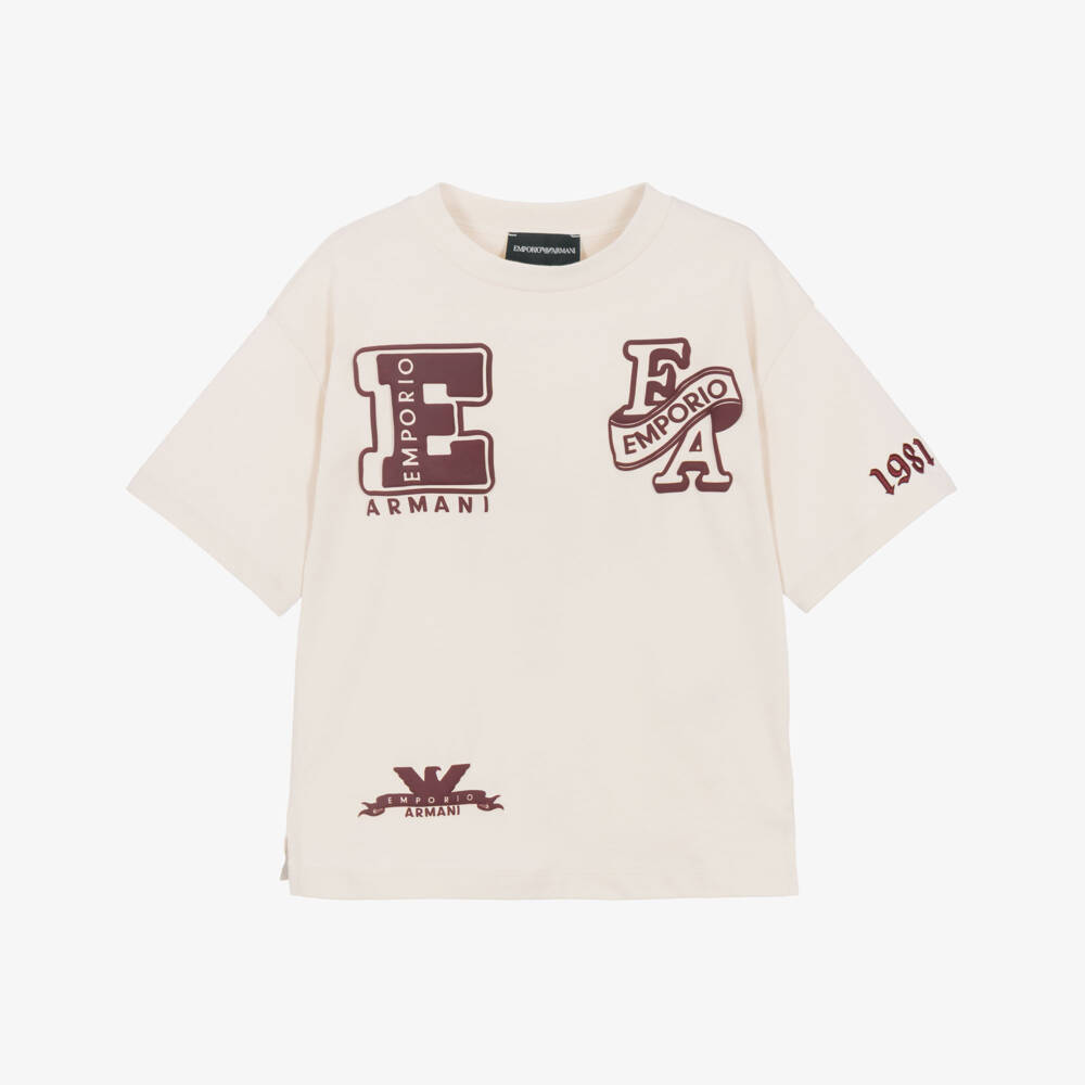 Emporio Armani-Boys Ivory Cotton Varsity Logo T-Shirt | Childrensalon