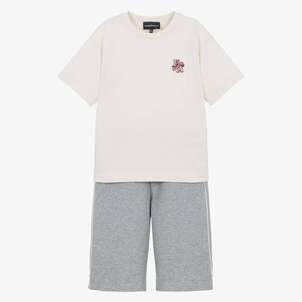 Emporio Armani-Boys Ivory & Grey Varsity Shorts Set | Childrensalon