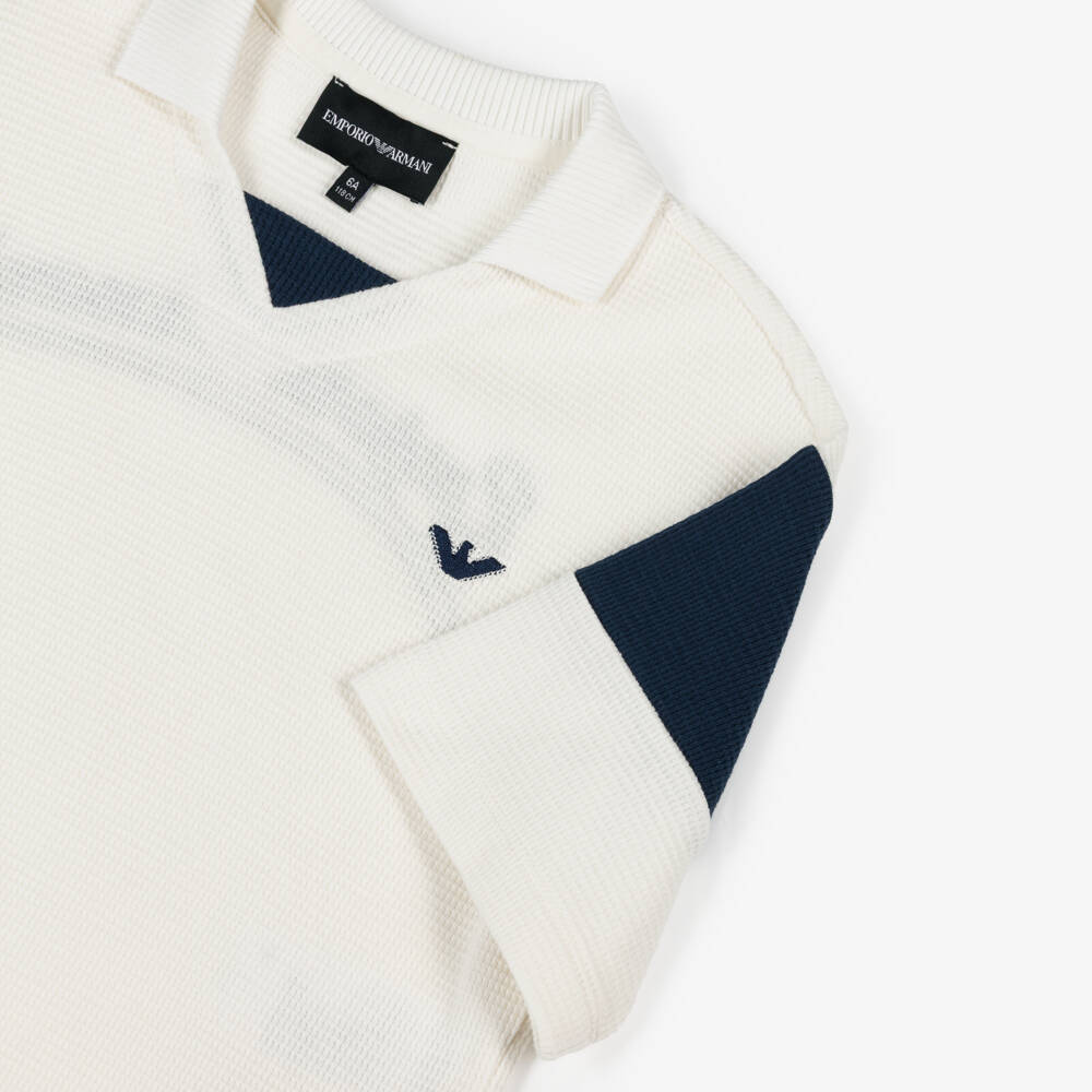 Emporio Armani-Boys Ivory Waffle Cotton Jersey Eagle Polo Shirt | Childrensalon