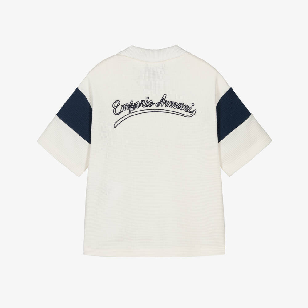 Emporio Armani-Boys Ivory Waffle Cotton Jersey Eagle Polo Shirt | Childrensalon