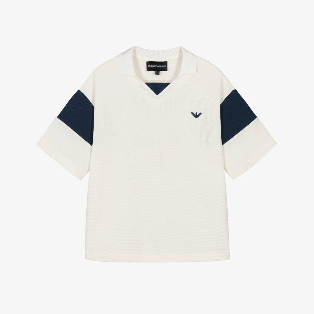 Emporio Armani-Boys Ivory Waffle Cotton Jersey Eagle Polo Shirt | Childrensalon