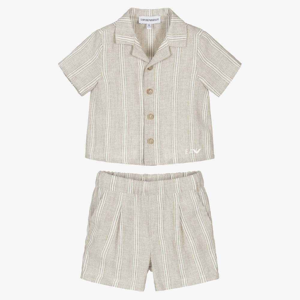 Emporio Armani-Boys Light Beige Pinstripe Linen Shorts Set | Childrensalon