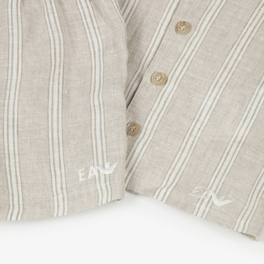Emporio Armani-Boys Light Beige Pinstripe Linen Shorts Set | Childrensalon