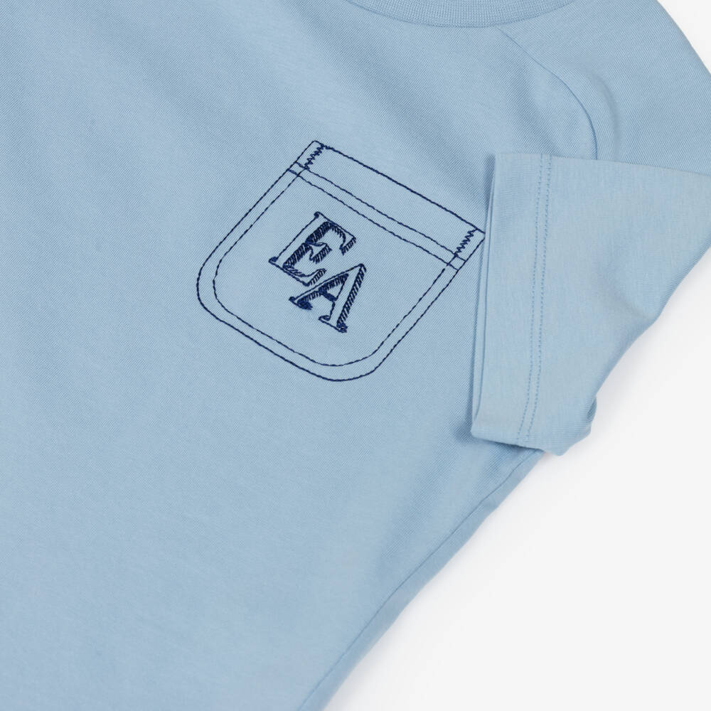 Emporio Armani-Boys Light Blue Cotton T-Shirt with Embroidered Logo Pocket | Childrensalon