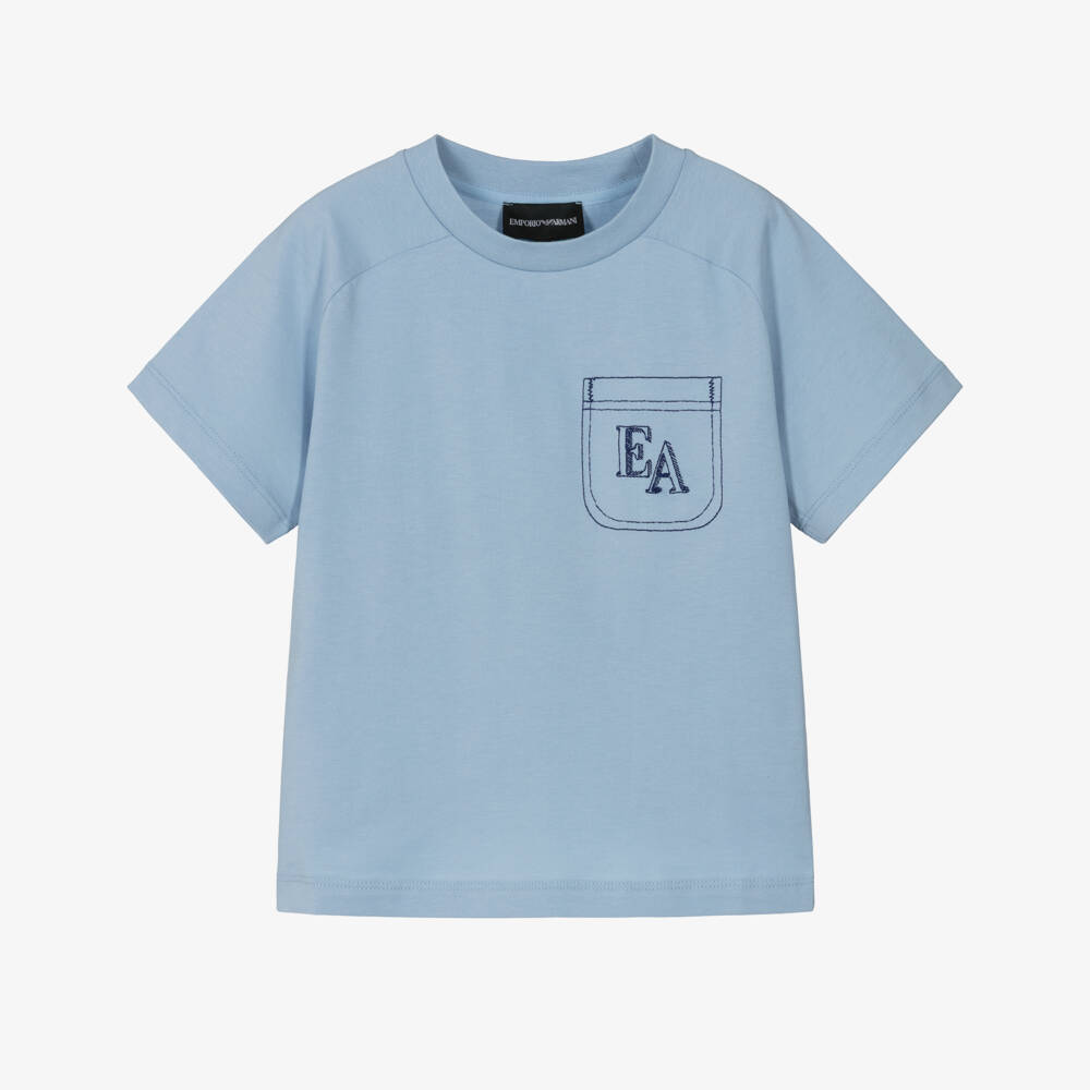 Emporio Armani-Boys Light Blue Cotton T-Shirt with Embroidered Logo Pocket | Childrensalon