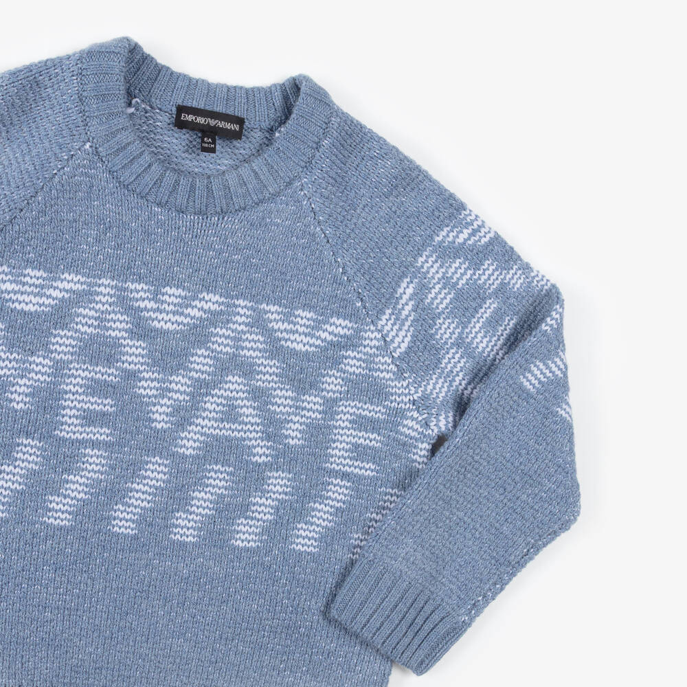 Emporio Armani-Boys Light Blue Jacquard Sweater | Childrensalon