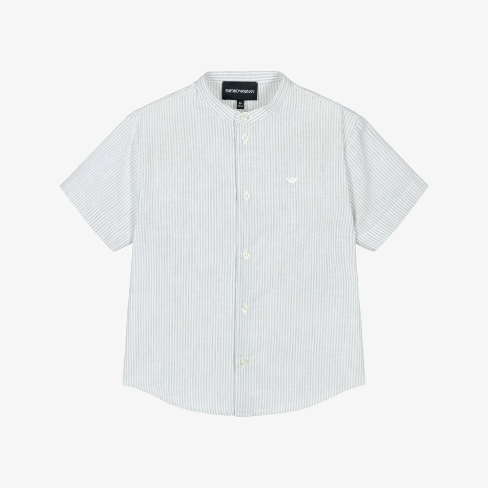 Emporio Armani-Boys Light Green & White Stripe Short Sleeved Shirt | Childrensalon