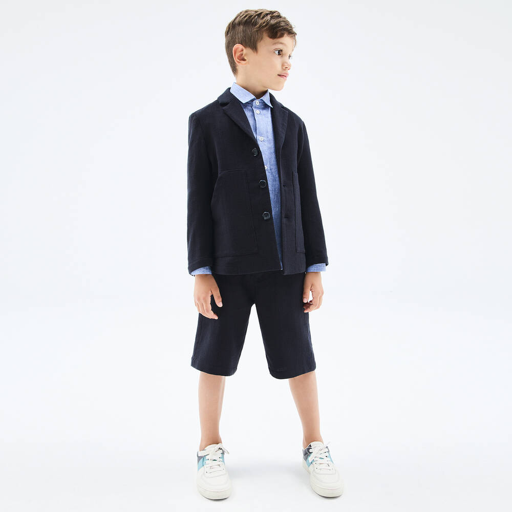 Emporio Armani-Boys Navy Blue Cotton Chino Shorts | Childrensalon