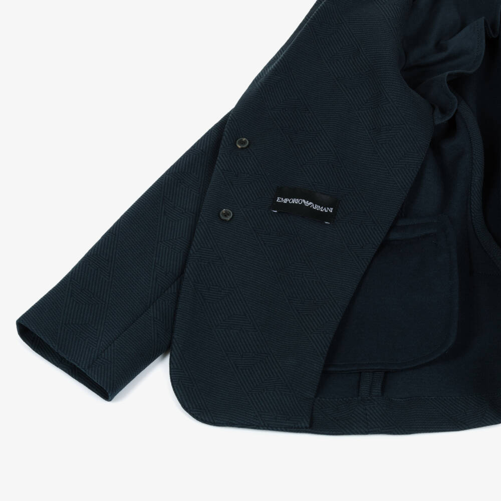 Emporio Armani-Boys Navy Blue Eagle Logo Jacquard Jersey Blazer | Childrensalon