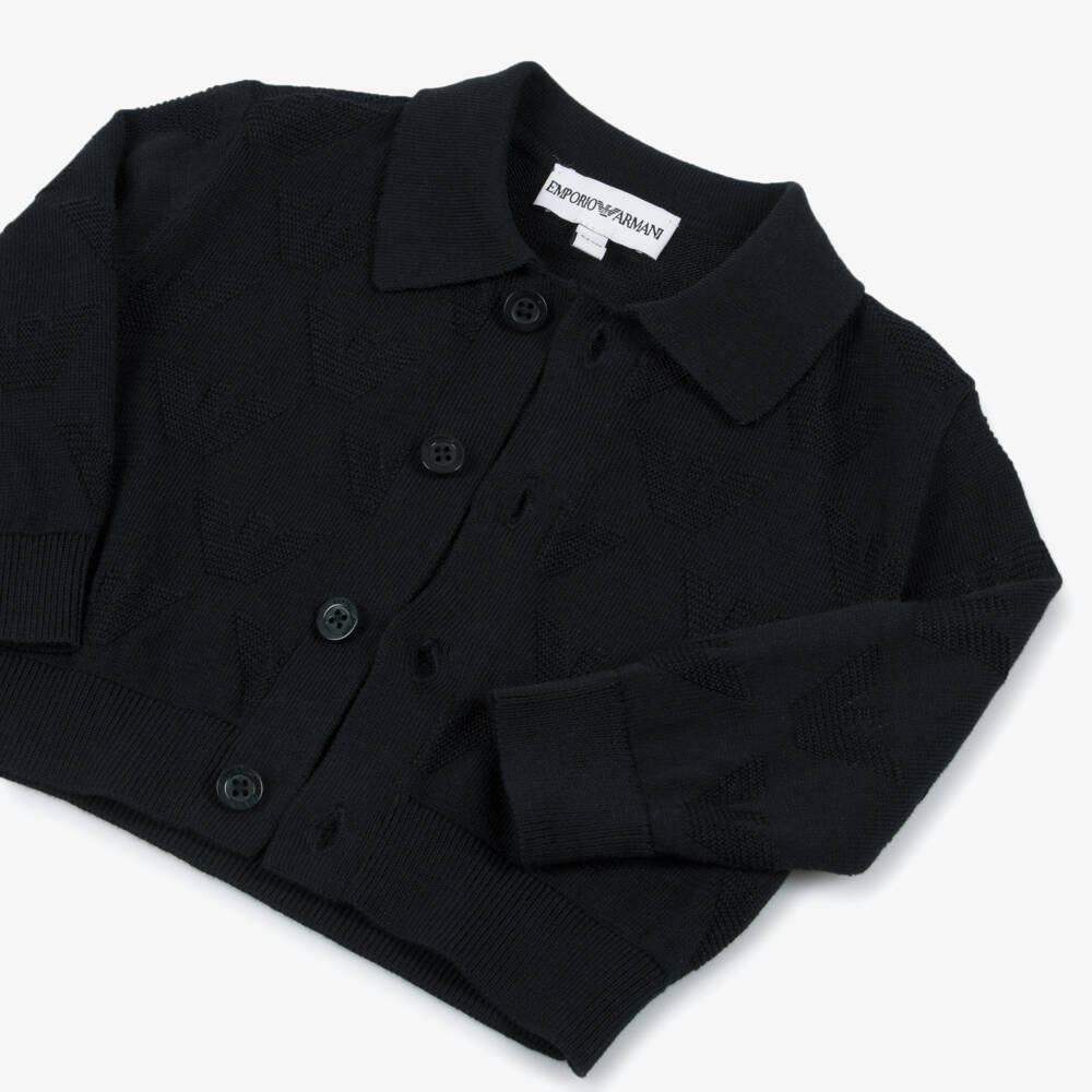 Emporio Armani-Boys Navy Blue Eagle Logo Knit Cardigan | Childrensalon