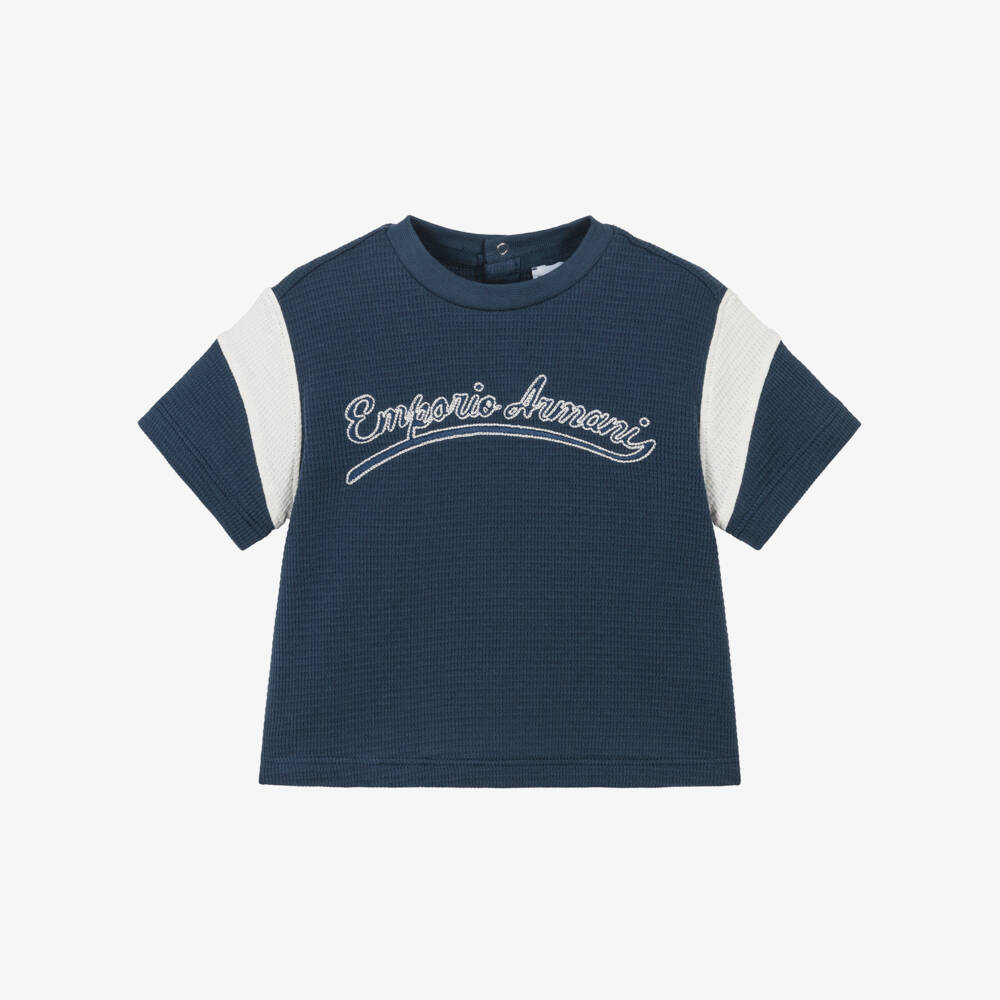 Emporio Armani-Boys Navy Blue & Ivory Cotton Embroidered Logo T-Shirt | Childrensalon