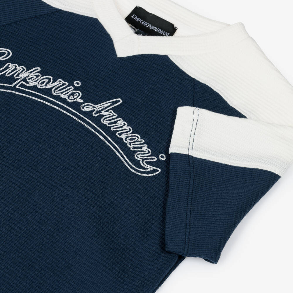 Emporio Armani-Boys Navy Blue & Ivory Waffle Jersey T-Shirt | Childrensalon