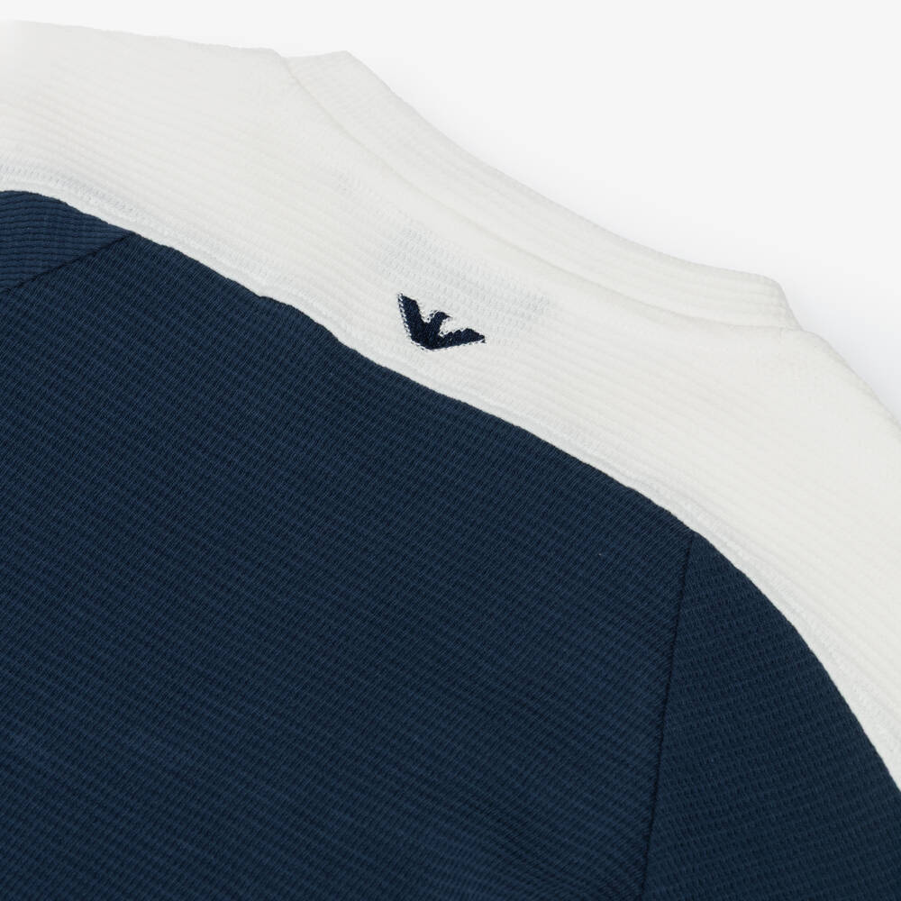 Emporio Armani-Boys Navy Blue & Ivory Waffle Jersey T-Shirt | Childrensalon