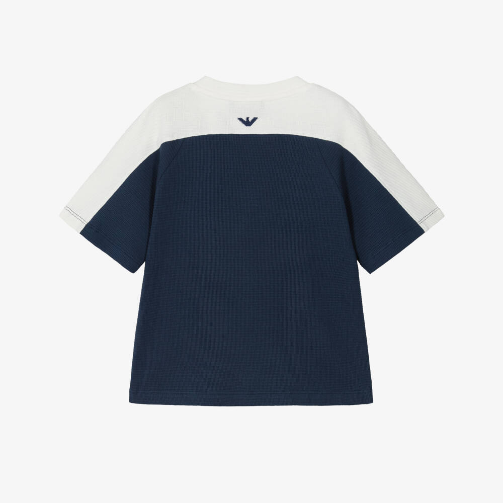 Emporio Armani-Boys Navy Blue & Ivory Waffle Jersey T-Shirt | Childrensalon