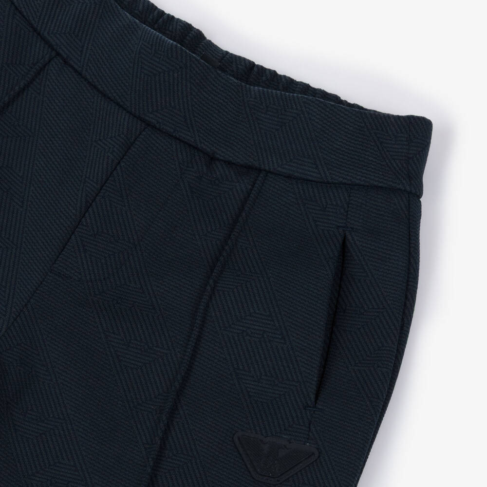 Emporio Armani-Boys Navy Blue Jacquard Trousers with Eagle Logo | Childrensalon