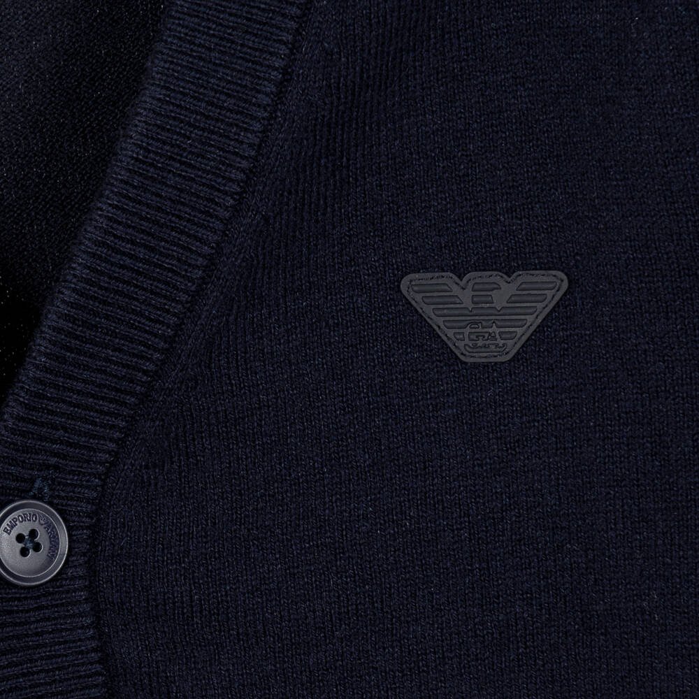Emporio Armani-Boys Navy Blue Knitted Cardigan with Eagle Motif | Childrensalon