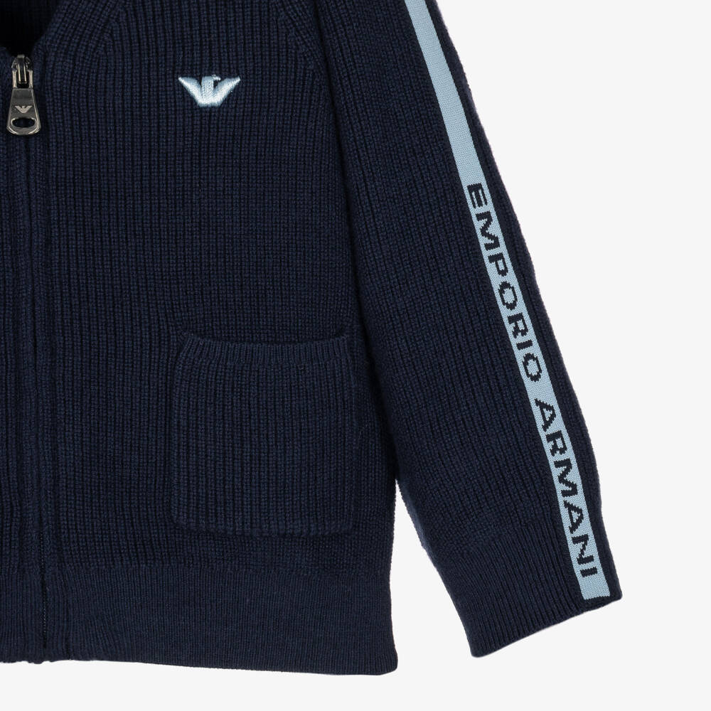 Emporio Armani-Boys Navy Blue Knitted Cardigan with Logo Tape | Childrensalon