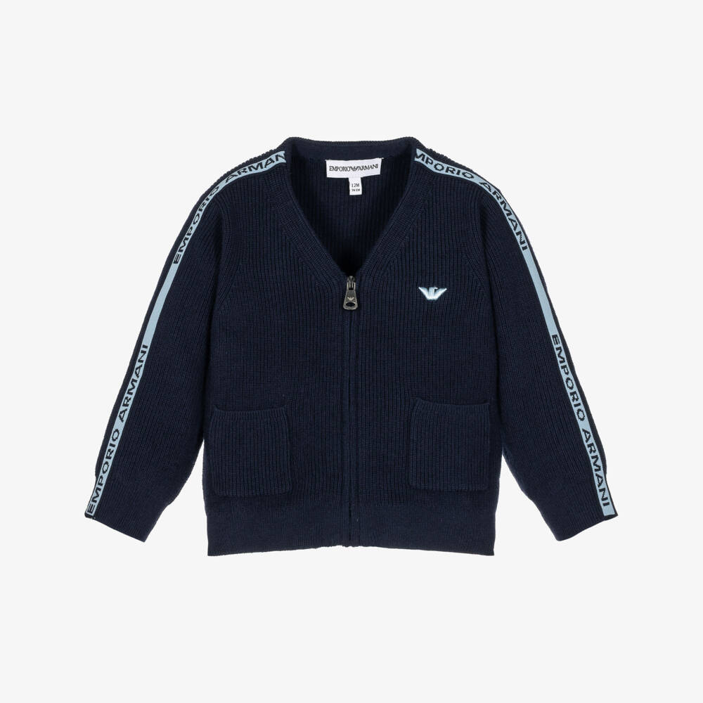 Emporio Armani-Boys Navy Blue Knitted Cardigan with Logo Tape | Childrensalon