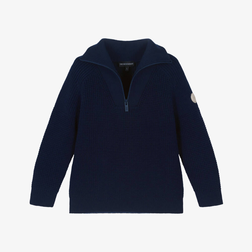 Emporio Armani-Boys Navy Blue Quarter-Zip Knitted Cotton & Wool Sweater | Childrensalon
