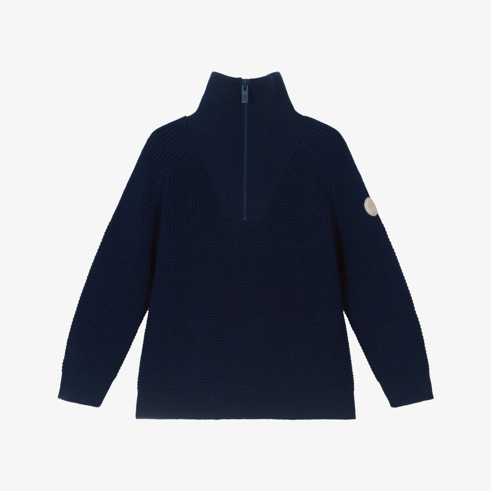 Emporio Armani-Boys Navy Blue Quarter-Zip Knitted Cotton & Wool Sweater | Childrensalon