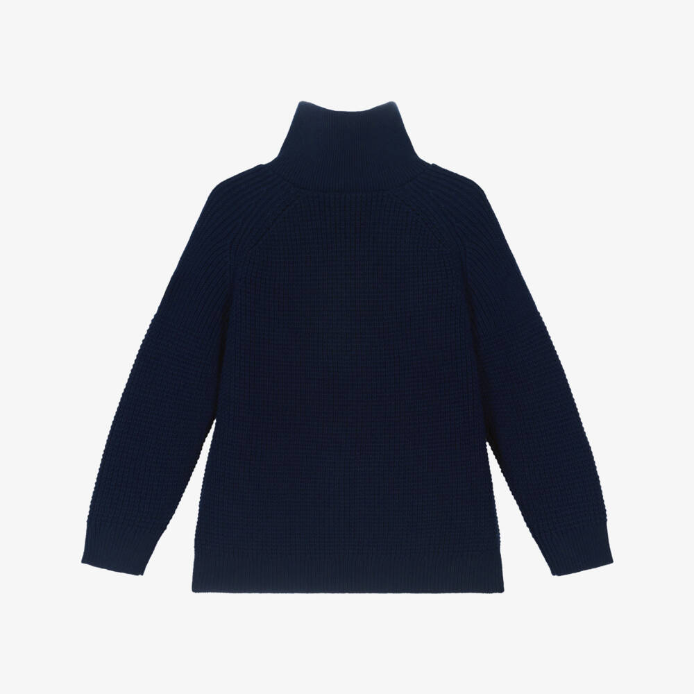 Emporio Armani-Boys Navy Blue Quarter-Zip Knitted Cotton & Wool Sweater | Childrensalon