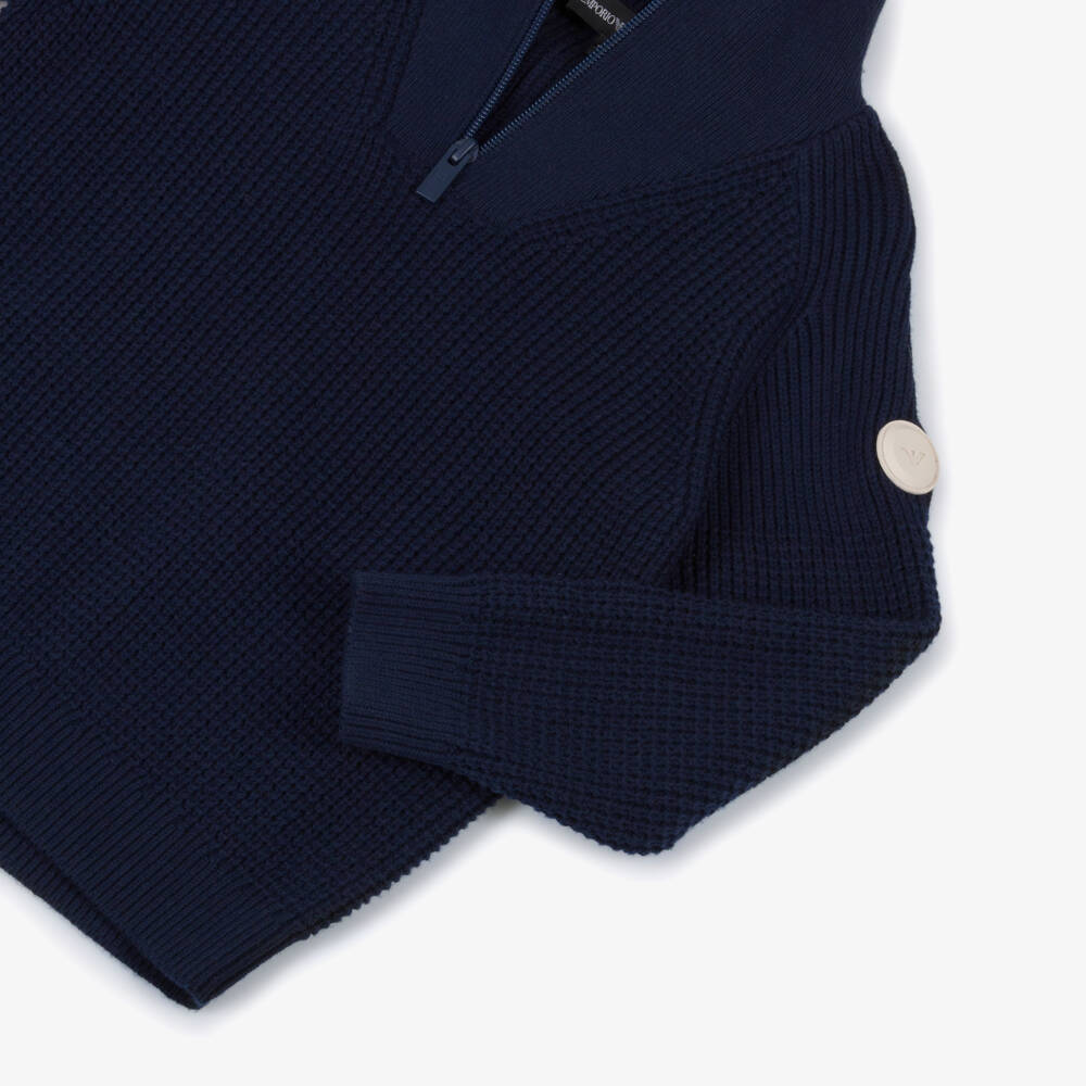 Emporio Armani-Boys Navy Blue Quarter-Zip Knitted Cotton & Wool Sweater | Childrensalon