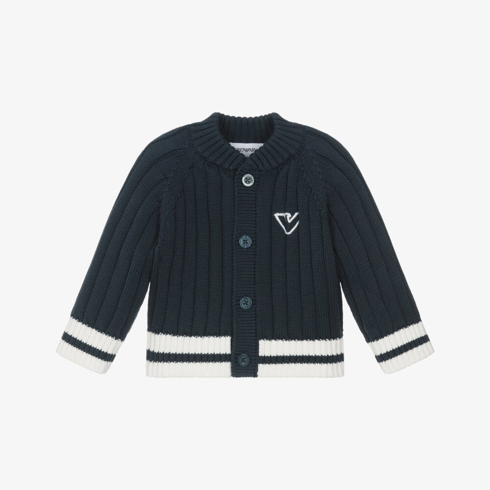 Emporio Armani-Boys Navy Blue Ribbed Knit Cardigan | Childrensalon