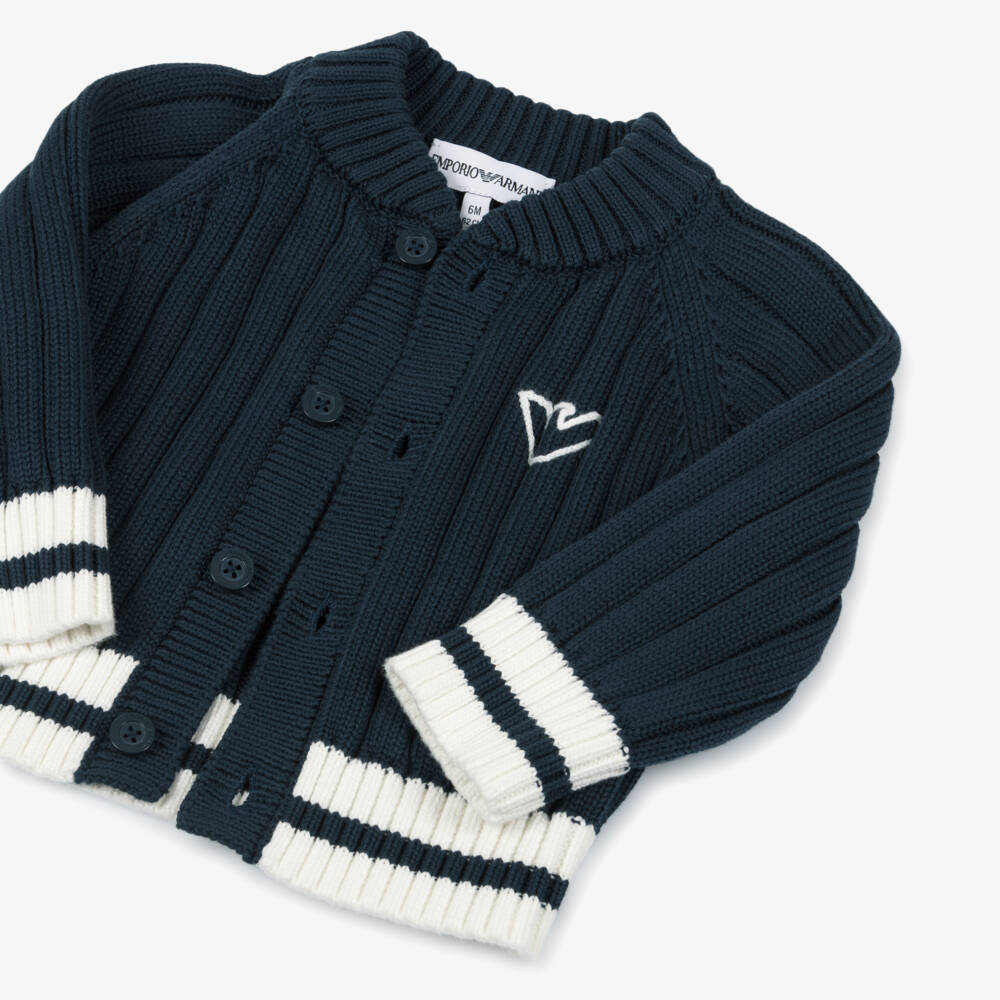 Emporio Armani-Boys Navy Blue Ribbed Knit Cardigan | Childrensalon