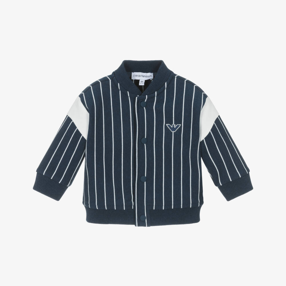 Emporio Armani-Boys Navy Blue Striped Cotton Jersey Bomber Jacket | Childrensalon