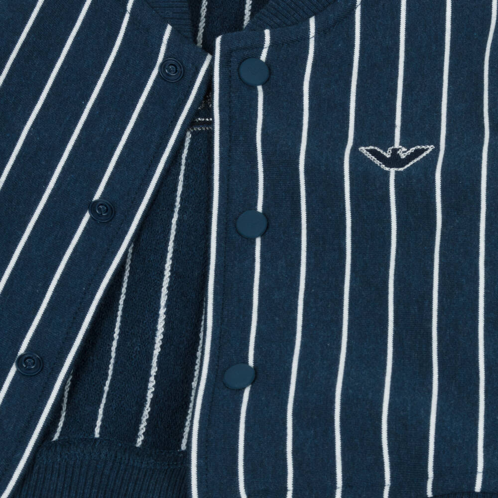 Emporio Armani-Boys Navy Blue Striped Cotton Jersey Bomber Jacket | Childrensalon