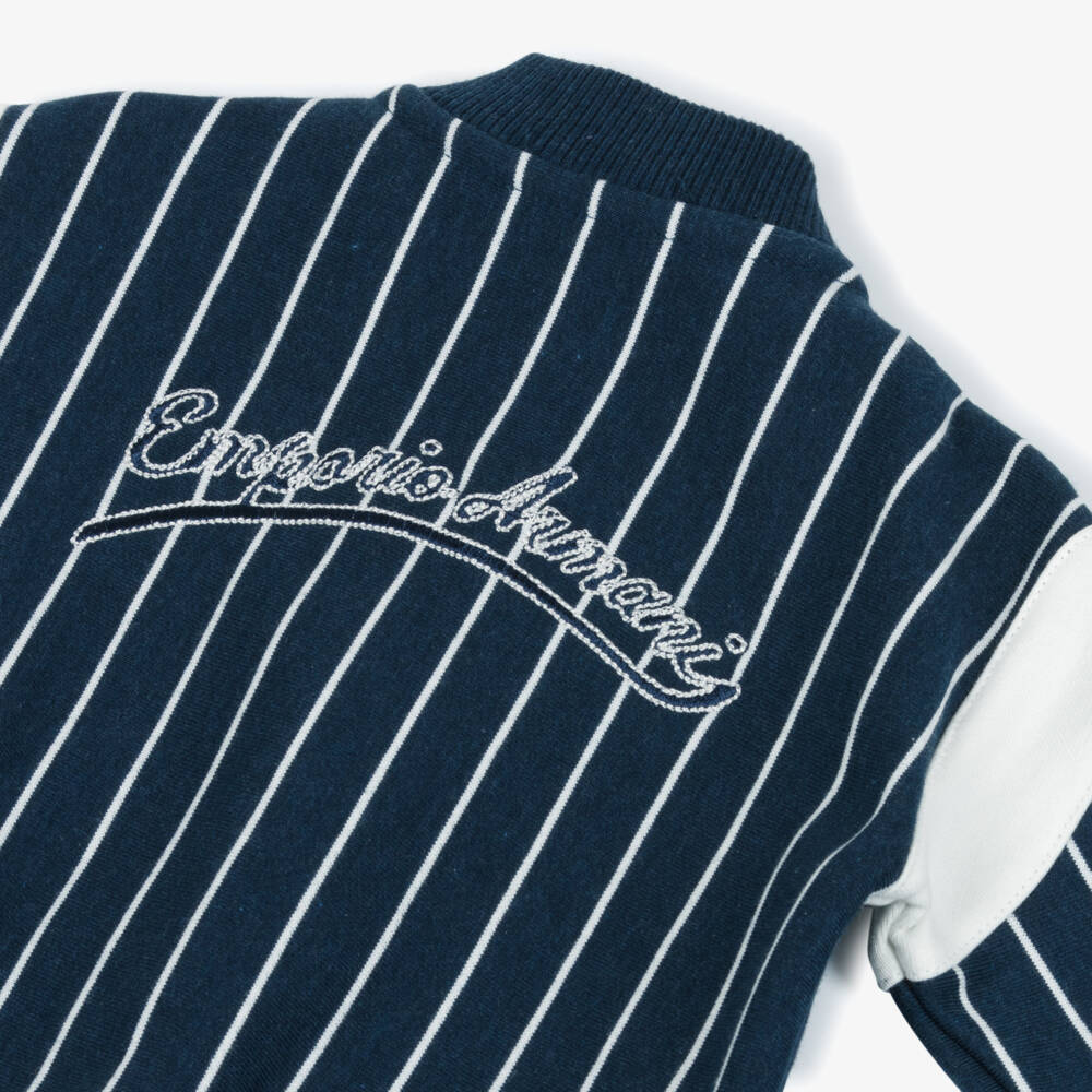 Emporio Armani-Boys Navy Blue Striped Cotton Jersey Bomber Jacket | Childrensalon