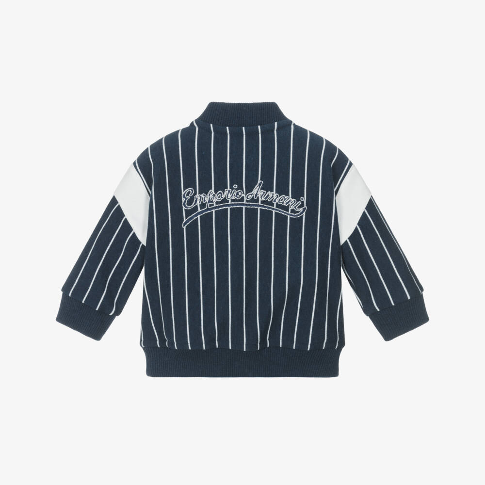Emporio Armani-Boys Navy Blue Striped Cotton Jersey Bomber Jacket | Childrensalon