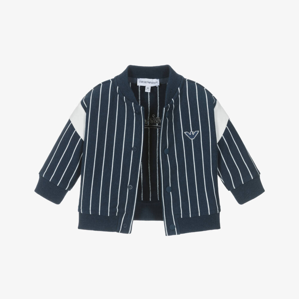 Emporio Armani-Boys Navy Blue Striped Cotton Jersey Bomber Jacket | Childrensalon