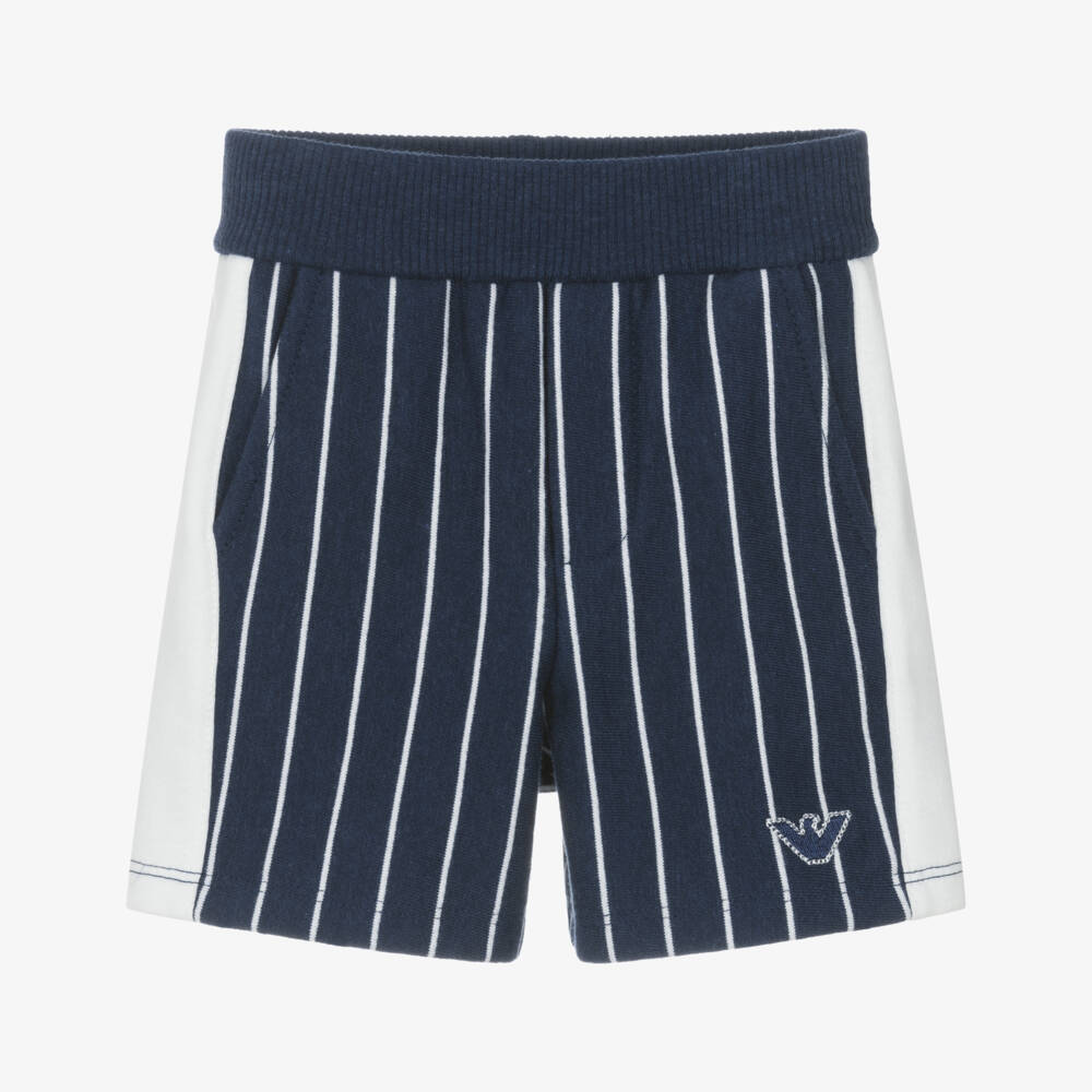 Emporio Armani-Boys Navy Blue Striped Cotton Jersey Shorts | Childrensalon