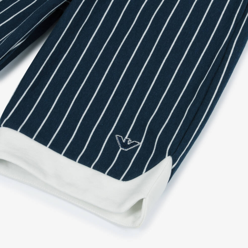 Emporio Armani-Boys Navy Blue Striped Cotton Jersey Shorts with Eagle Logo | Childrensalon