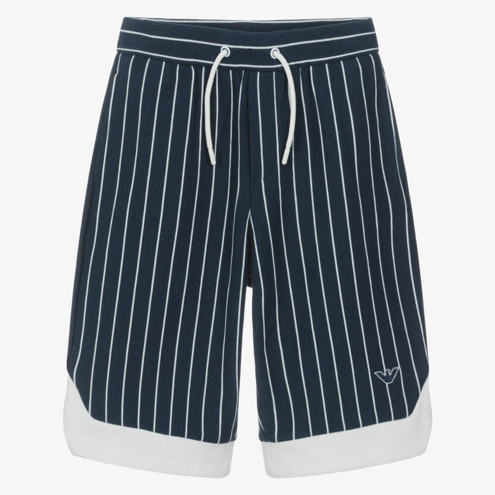 Emporio Armani-Boys Navy Blue Striped Cotton Jersey Shorts with Eagle Logo | Childrensalon