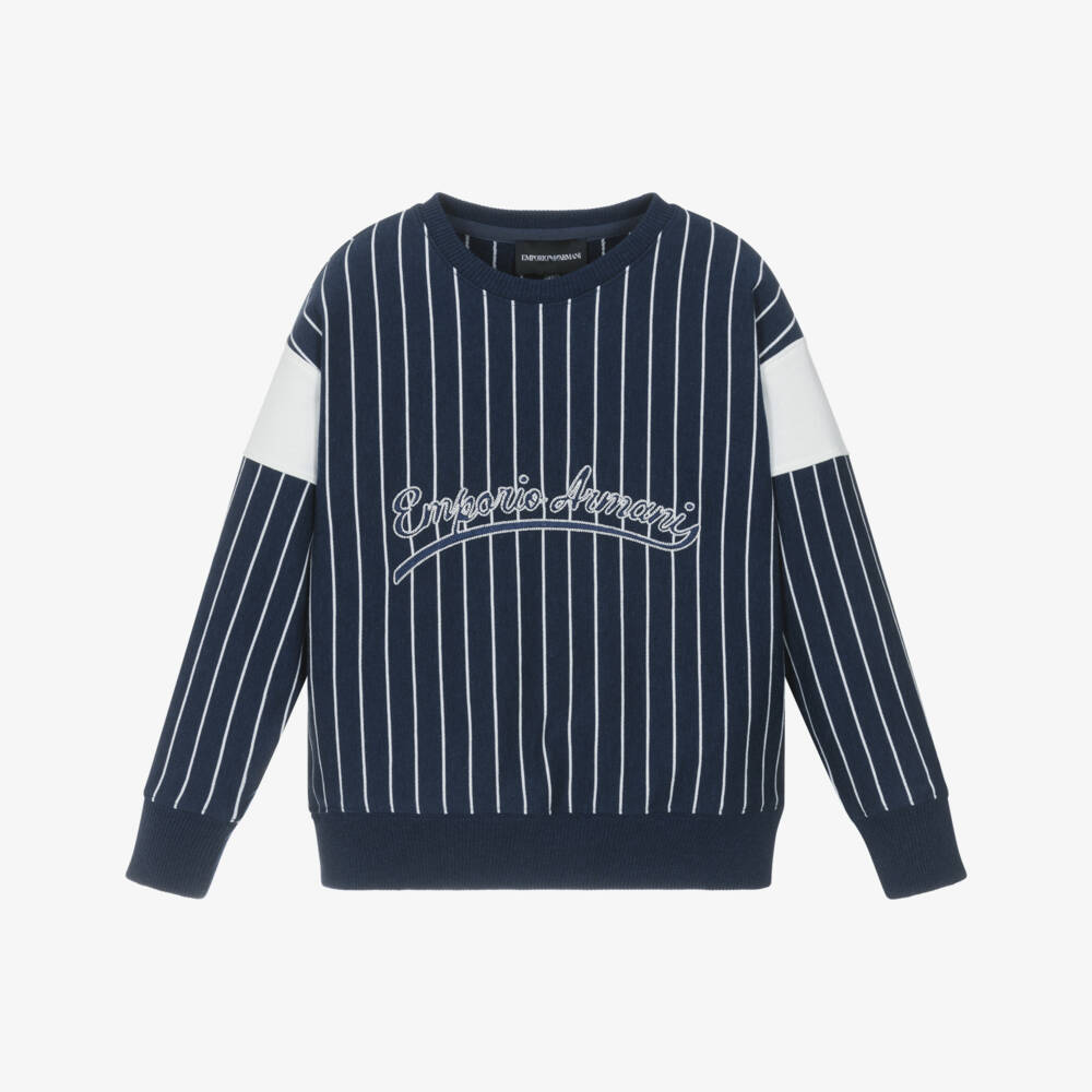 Emporio Armani-Boys Navy Blue & White Stripe Cotton Sweatshirt | Childrensalon